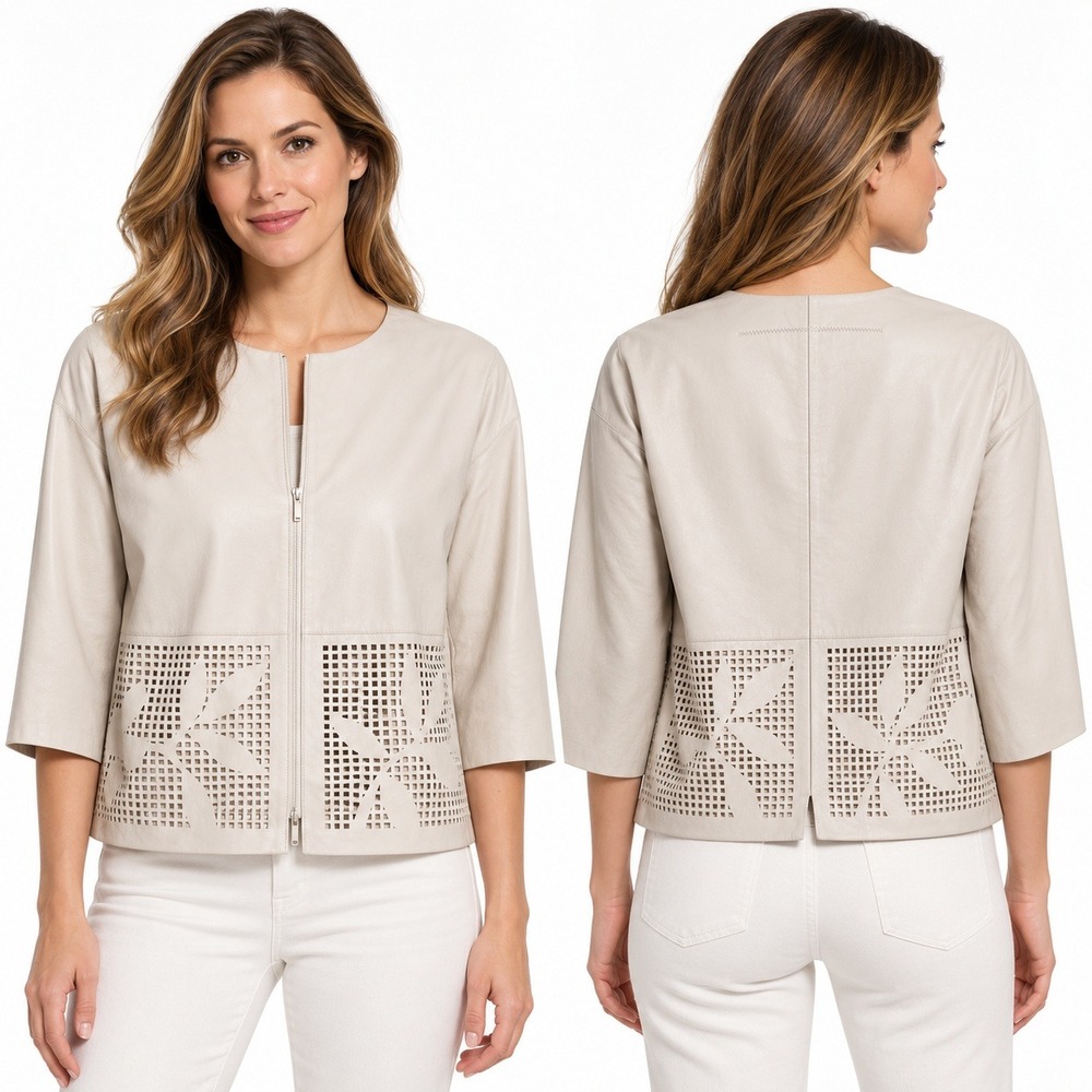 Lafayette 148 New York Sabina Laser-Cut Leather Short Jacket M Medium Cream